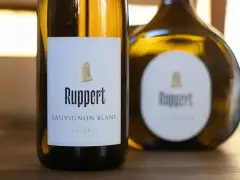 Zwei Flaschen Ruppert Sauvignon Blanc Réserve stehen nebeneinander.