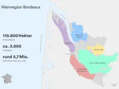 Karte des Bordeaux Weinbaugebiets mit Anbauflächen wie Médoc, Graves & Sauternes, Entre-Deux-Mers.