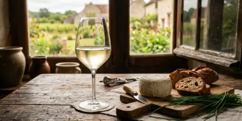 Ein Glas Weißwein, typisch für die Sancerre Rebsorte, steht neben Brot und Käse vor einem Fenster mit Blick auf ein ländliches Anwesen.