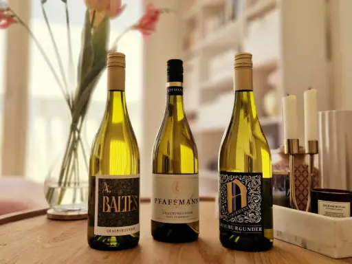 Drei Flaschen Grauburgunder Wein stehen auf einem Holztisch, daneben Blumen und Kerzen.