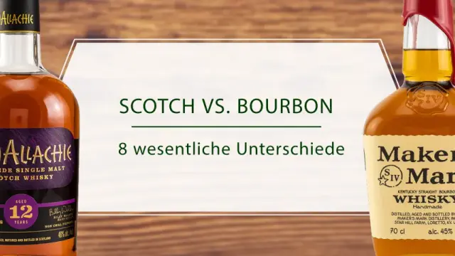 Zwei Flaschen Scotch und Bourbon Whiskey, die Unterschiede zwischen diesen Whiskey-Sorten beleuchten.