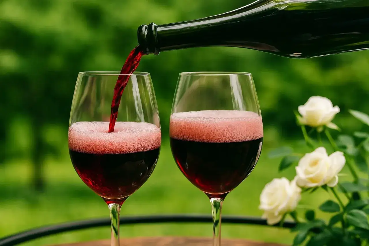 Rotwein wird in zwei Gläser gegossen, ein Glas bildet Schaum. Ein Hauch von Lambrusco Rotwein, umgeben von weißen Rosen.