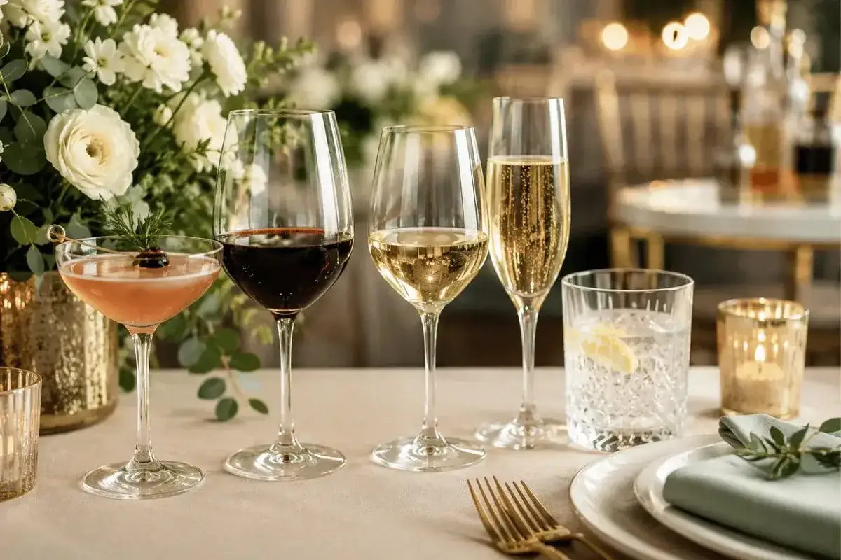 Elegante Gläser mit Rotwein, Weißwein und Champagner. So trinkt man Champagner: mit Stil und Freude.