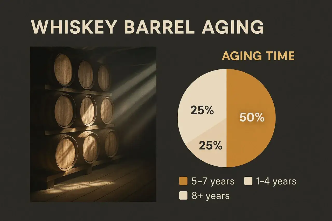 Holzfässer lagern im Schatten, während ein Tortendiagramm zeigt, was ist Whisky: 50% reifen 5-7 Jahre, 25% 1-4 Jahre, 25% 8+ Jahre.