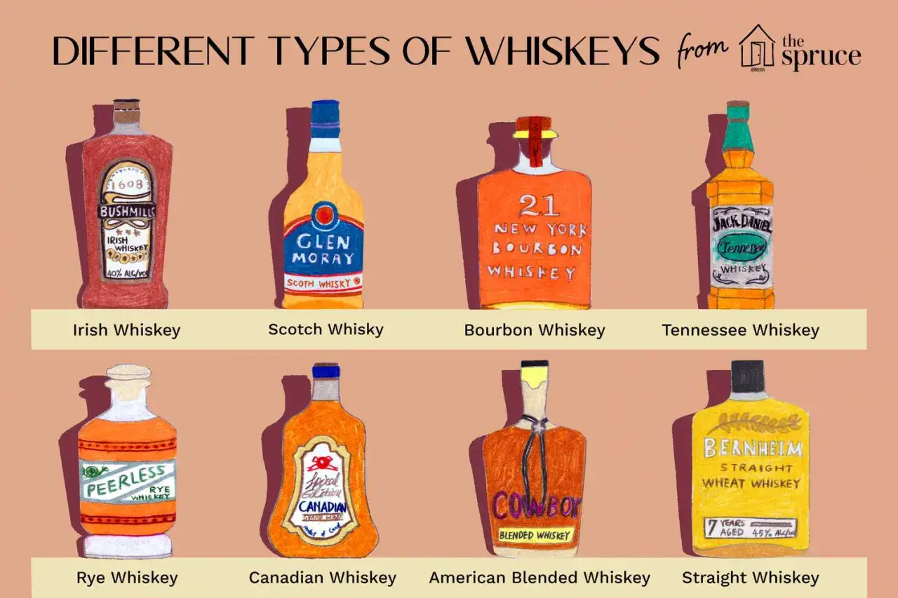 Illustration von acht verschiedenen Whiskey-Flaschen, die verschiedene Sorten wie Irish, Scotch, Bourbon, Rye, Canadian, American Blended und Tennessee Whiskey zeigen.