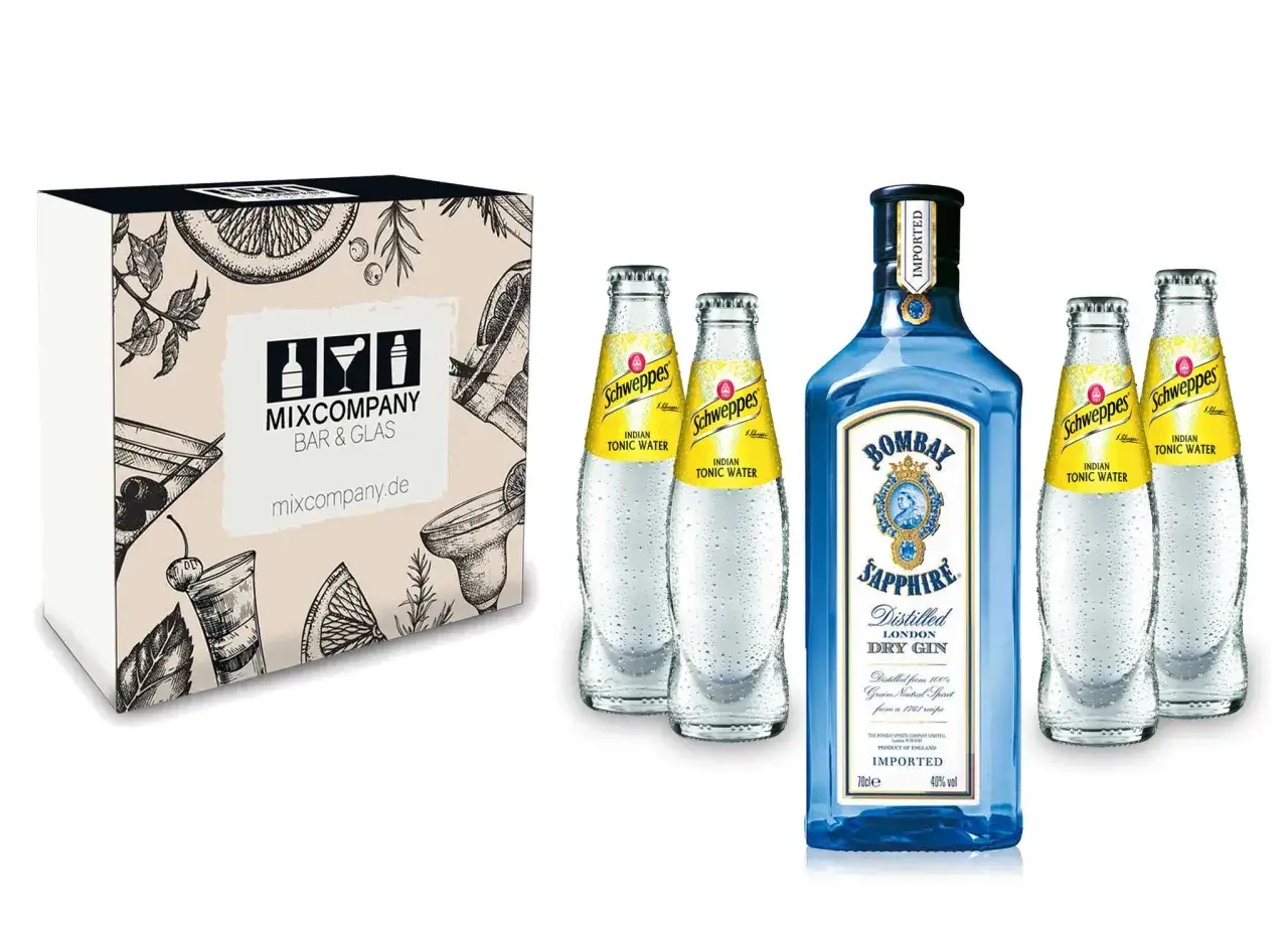 Bombay Sapphire Gin mit 40% vol Alkoholgehalt, vier Flaschen Schweppes Indian Tonic Water und ein Geschenkset für Cocktails.