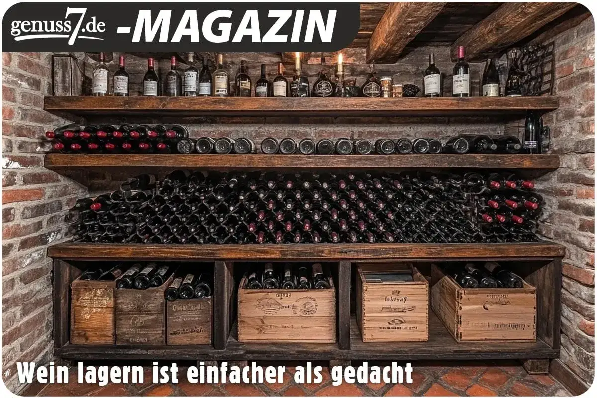 Weinlager mit vielen Flaschen Wein, darunter auch Champagner. Die Regale sind gut gefüllt, und die Lagerung von Wein ist einfacher als gedacht.