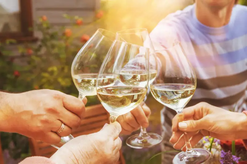 Ein fröhlicher weinabend mit freunden im Garten. Gläser mit Weißwein stoßen an, die Sonne scheint.